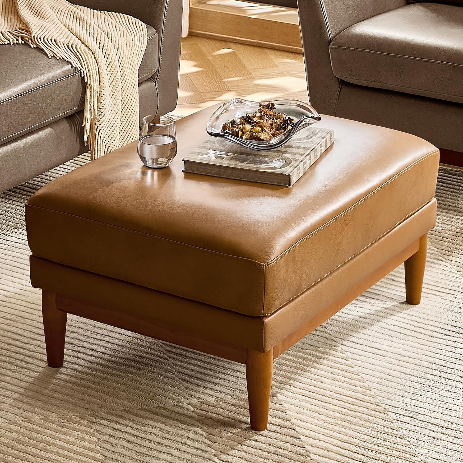 Outdoor Furniture Wood - Genuine Leather Ottoman Coffee Table, 33.5